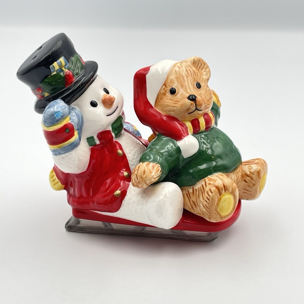 Vintage 1998 FIGI Graphics Sledding Snowman Teddy Bear Figurine Christmas